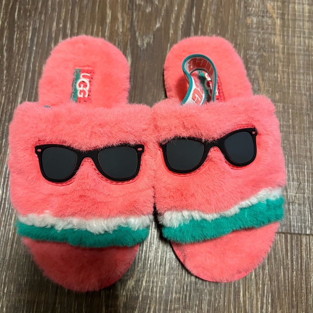 UGG Kids' Pink Fluffy Watermelon Slippers with Sunglasses Genuine Sheepskin